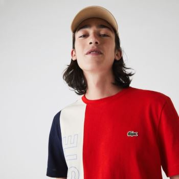 Lacoste Crewneck Colorblock T-shirt - Tričko Pánské Červené / Béžový / Tmavě Blankyt Blankyt | CZ-Xc